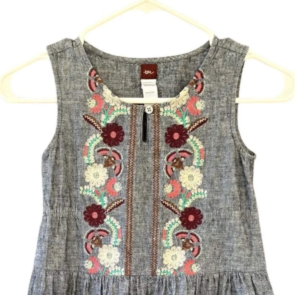 Tea Collection Embroidered Chambray Dress Girls‎ 7 Linen/Cotton Blend Boho Fall
